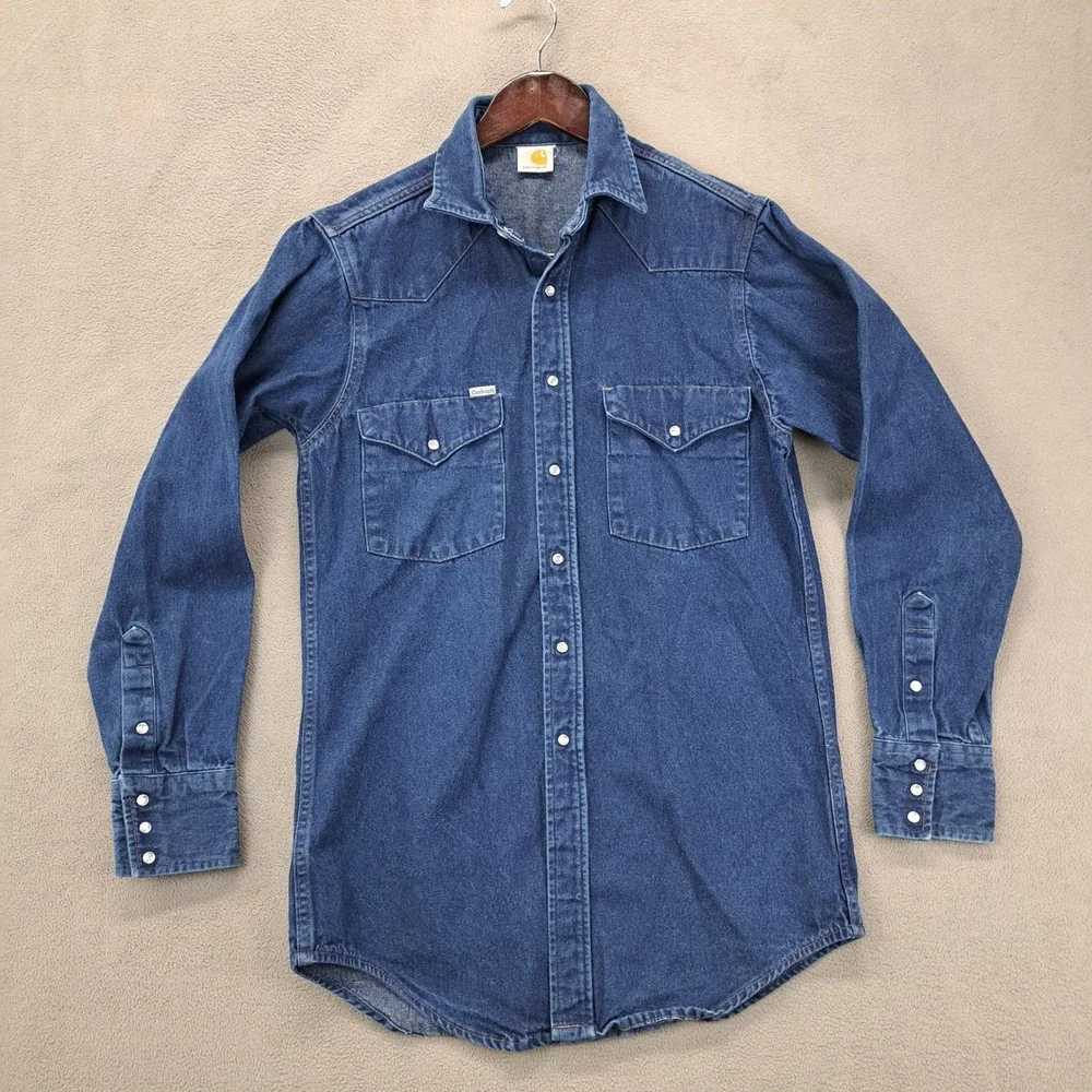 Carhartt Mens Denim Western Snap Button Shirt Blue SO2 DNM 15.5 x 35 Made in USA - Picture 2 of 9
